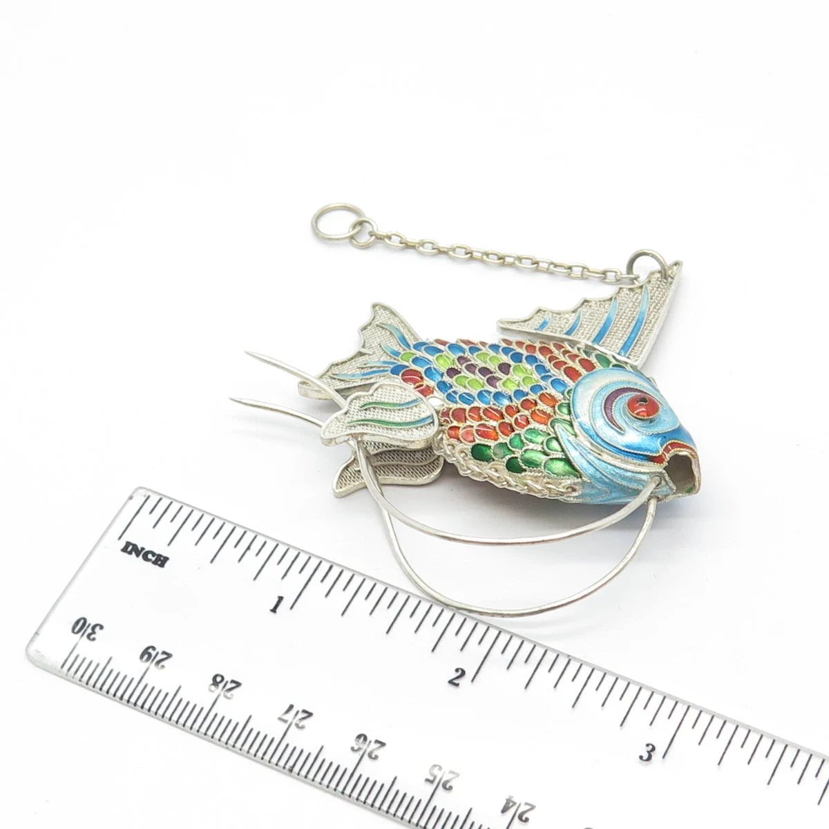 925 Sterling Silver Antique Enamel Chinese Koi Fish Articulated Chatelaine Fob