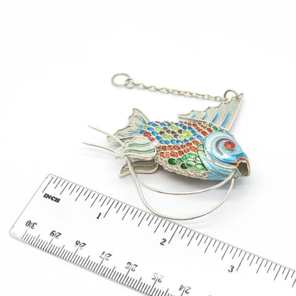 925 Sterling Silver Antique Enamel Chinese Koi Fish Articulated Chatelaine Fob