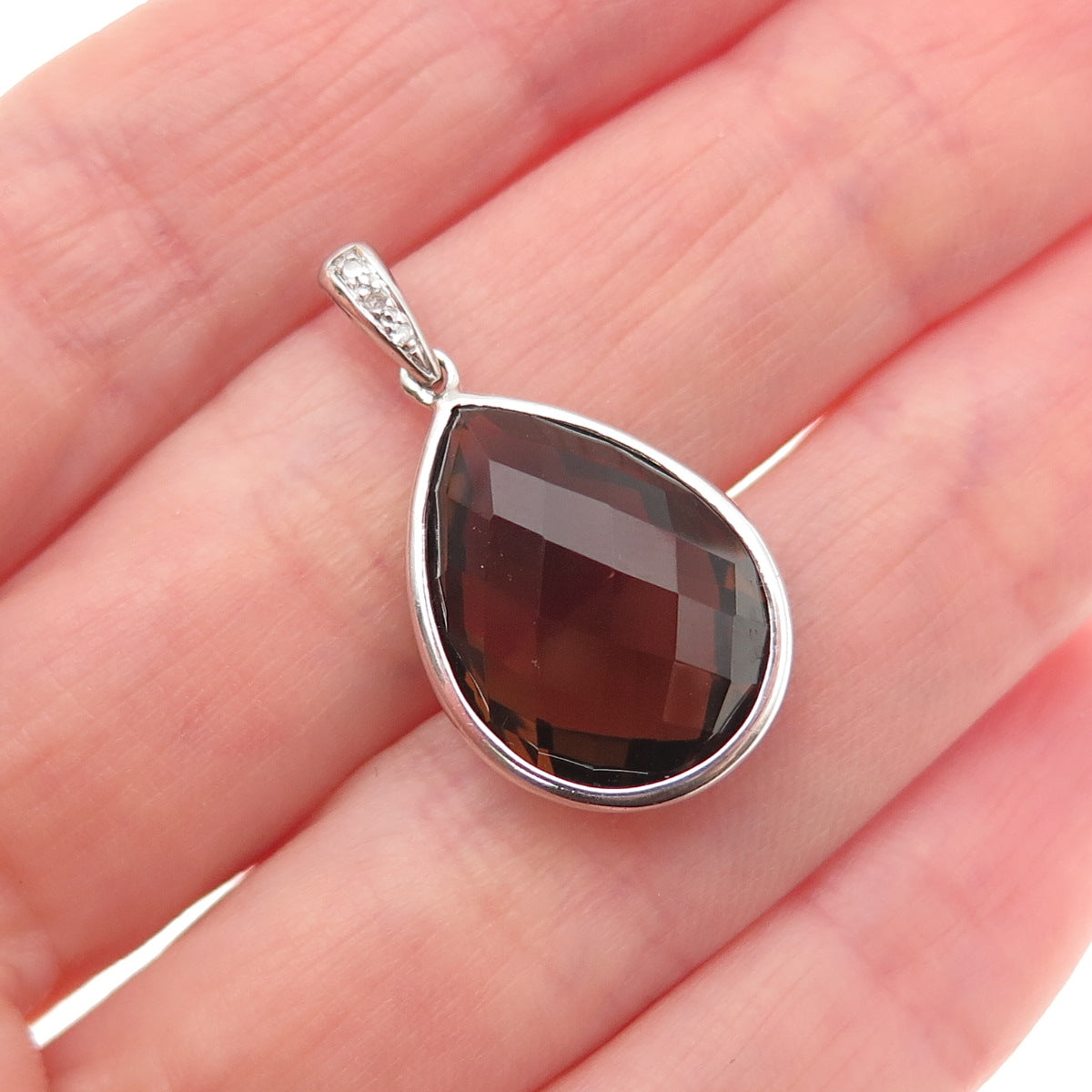 925 Sterling Silver Real Round-Cut Diamond & Pear-Cut Smoky Quartz Charm Pendant