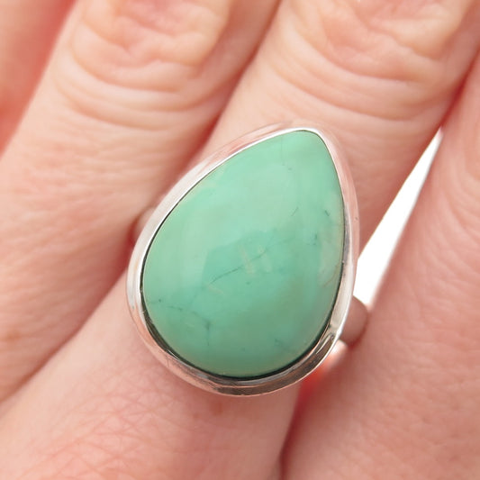 925 Sterling Silver Vintage Real Pear-Cut Chrysoprase Ring Size 8.5