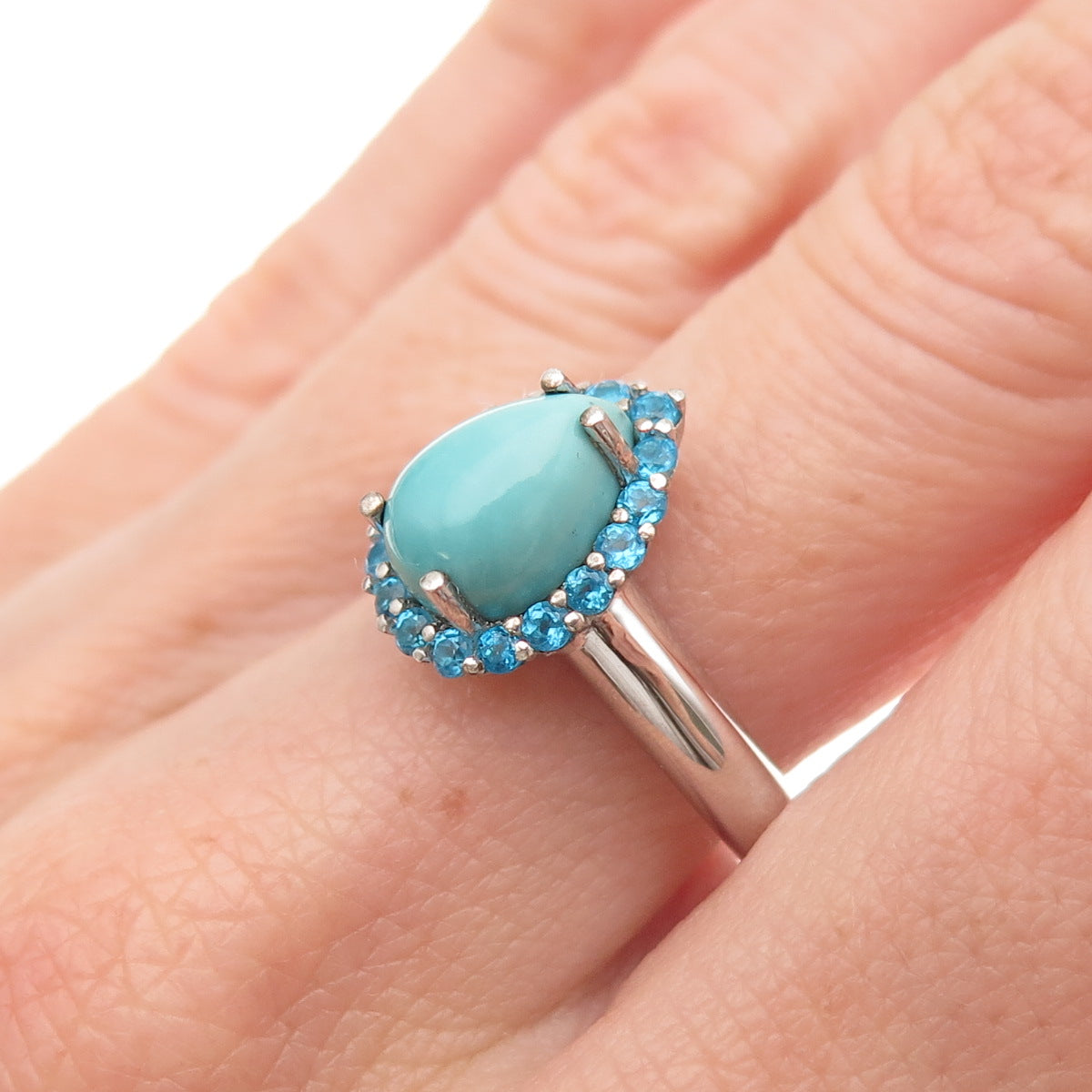 925 Sterling Silver Real Turquoise & Apatite Teardrop Ring Size 8