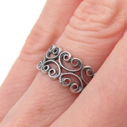 925 Sterling Silver Antique Art Deco Ornate Heart Oxidized Band Ring Size 5.25