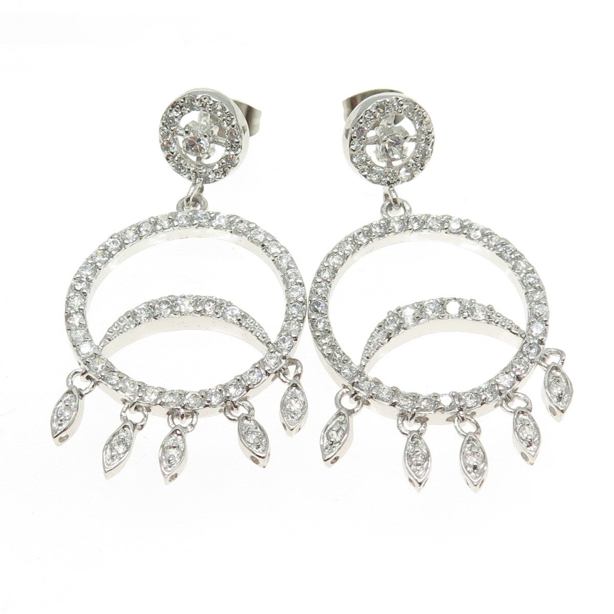 925 Sterling Silver Round-Cut C Z Circle Dangling Earrings
