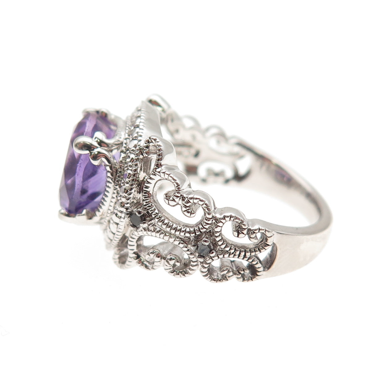 925 Sterling Silver Real Round-Cut Diamond Accent & Amethyst Ring Size 6