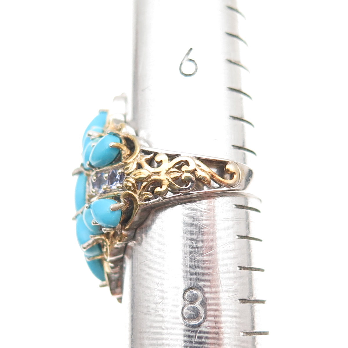 Chuck Clemency 925 Sterling 2-Tone Real Turquoise & Tanzanite Ring Size 7.25