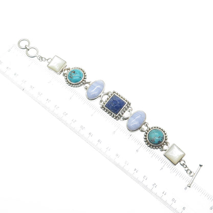 WHITNEY KELLY Sterling Silver Vintage Agate Turquoise Lapis MOP Bracelet 7-7.25"