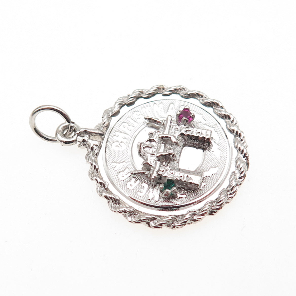 925 Sterling Silver Vintage Rhinestone Fireplace Merry Christmas Charm Pendant