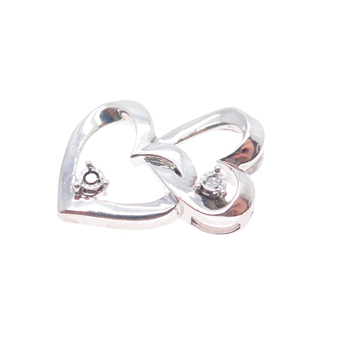 925 Sterling Silver Real Round-Cut Diamond Couple Heart Slide Charm Pendant