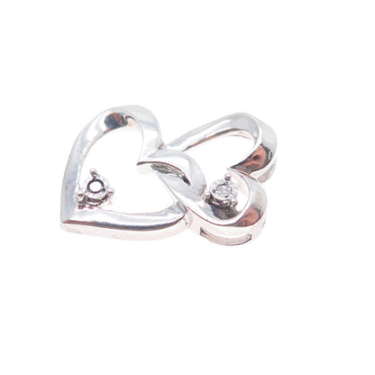 925 Sterling Silver Real Round-Cut Diamond Couple Heart Slide Charm Pendant