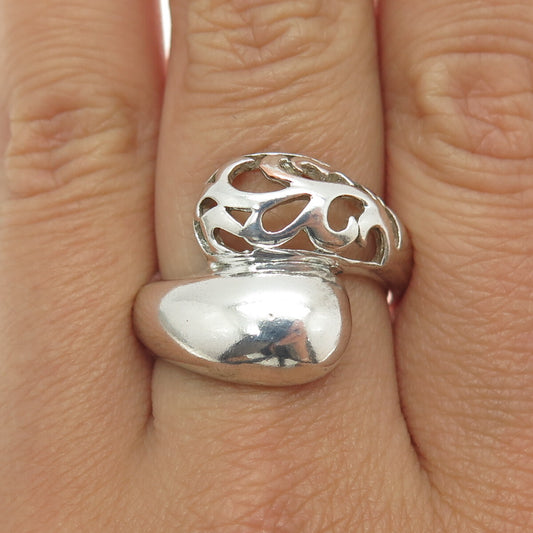 925 Sterling Silver Vintage Floral Scroll Bypass Ring Size 8.75