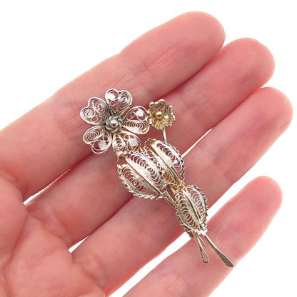 800 Silver Gold Plated Vintage Italy Floral Filigree Pin Brooch