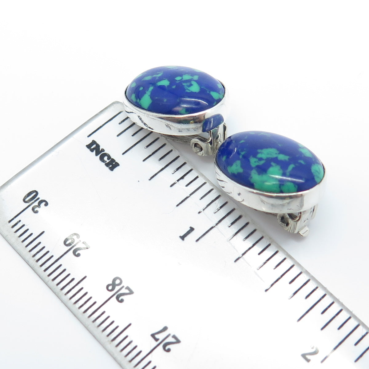 925 Sterling Silver Vintage AIS Mexico Real Azurite Clip On Oval Earrings