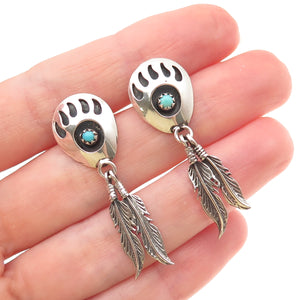 Old Pawn Sterling Silver Vintage Turquoise Snake Eye Bear Paw Feather Earrings