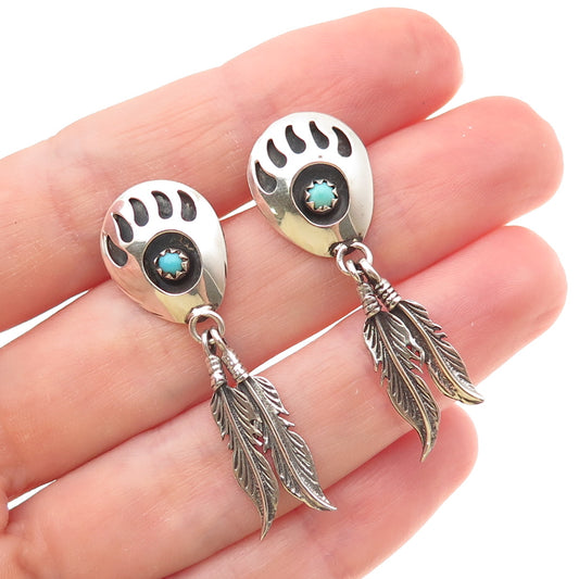 Old Pawn Sterling Silver Vintage Turquoise Snake Eye Bear Paw Feather Earrings