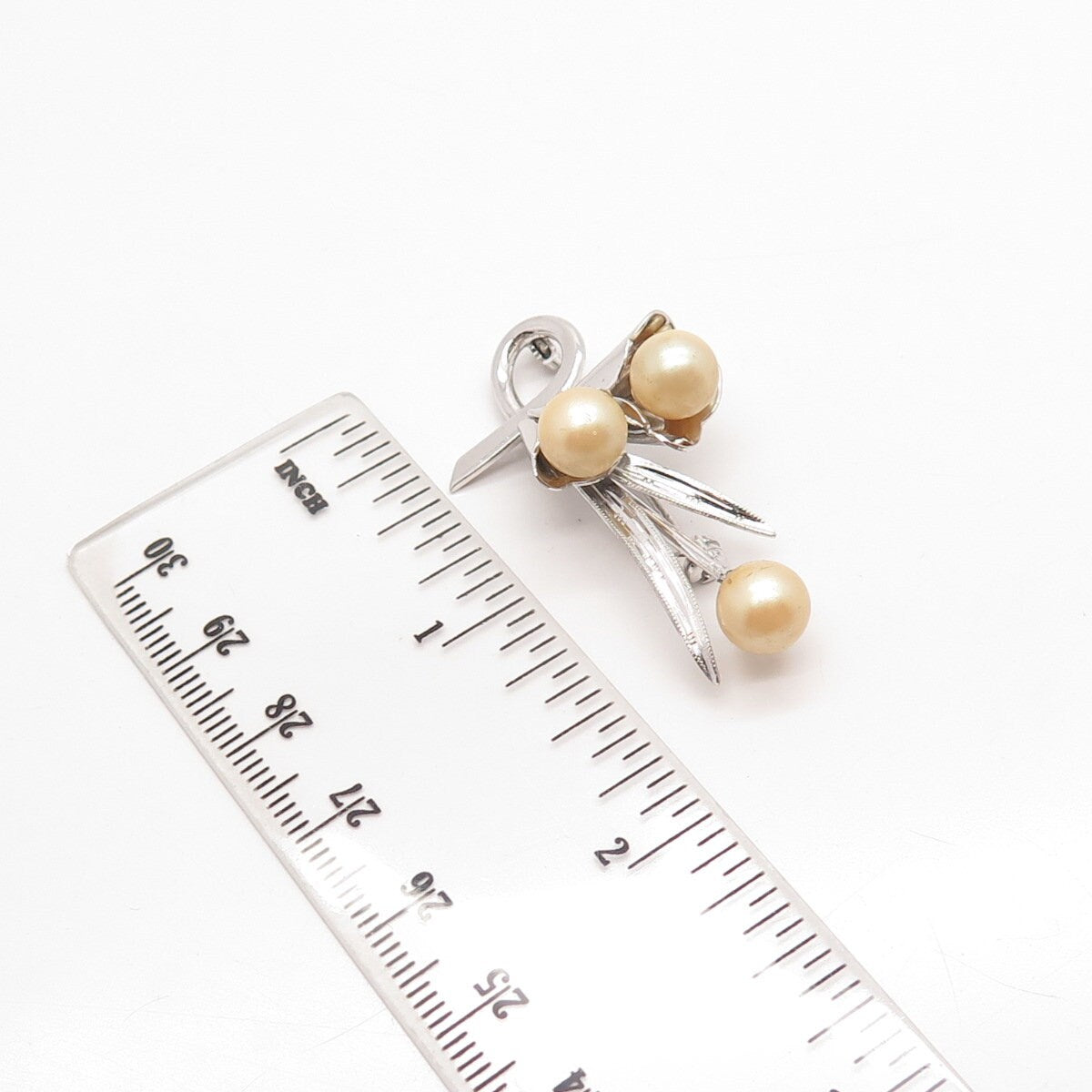 925 Sterling Silver Antique Faux Pearl Floral Pin Brooch