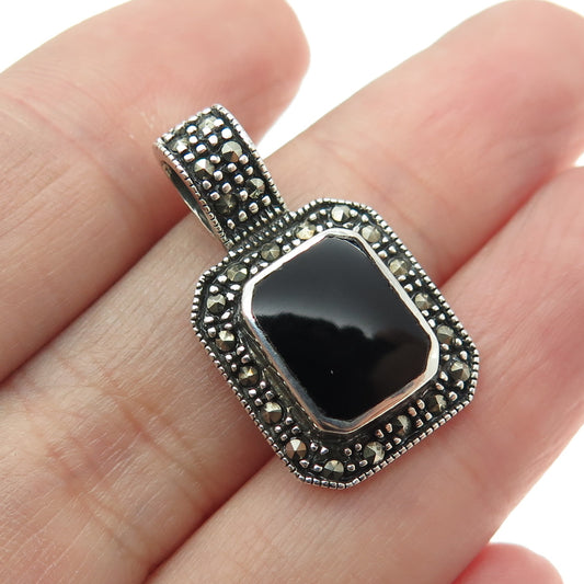 925 Sterling Silver Vintage Black Onyx & Marcasite Gem Art-Deco-Style Pendant