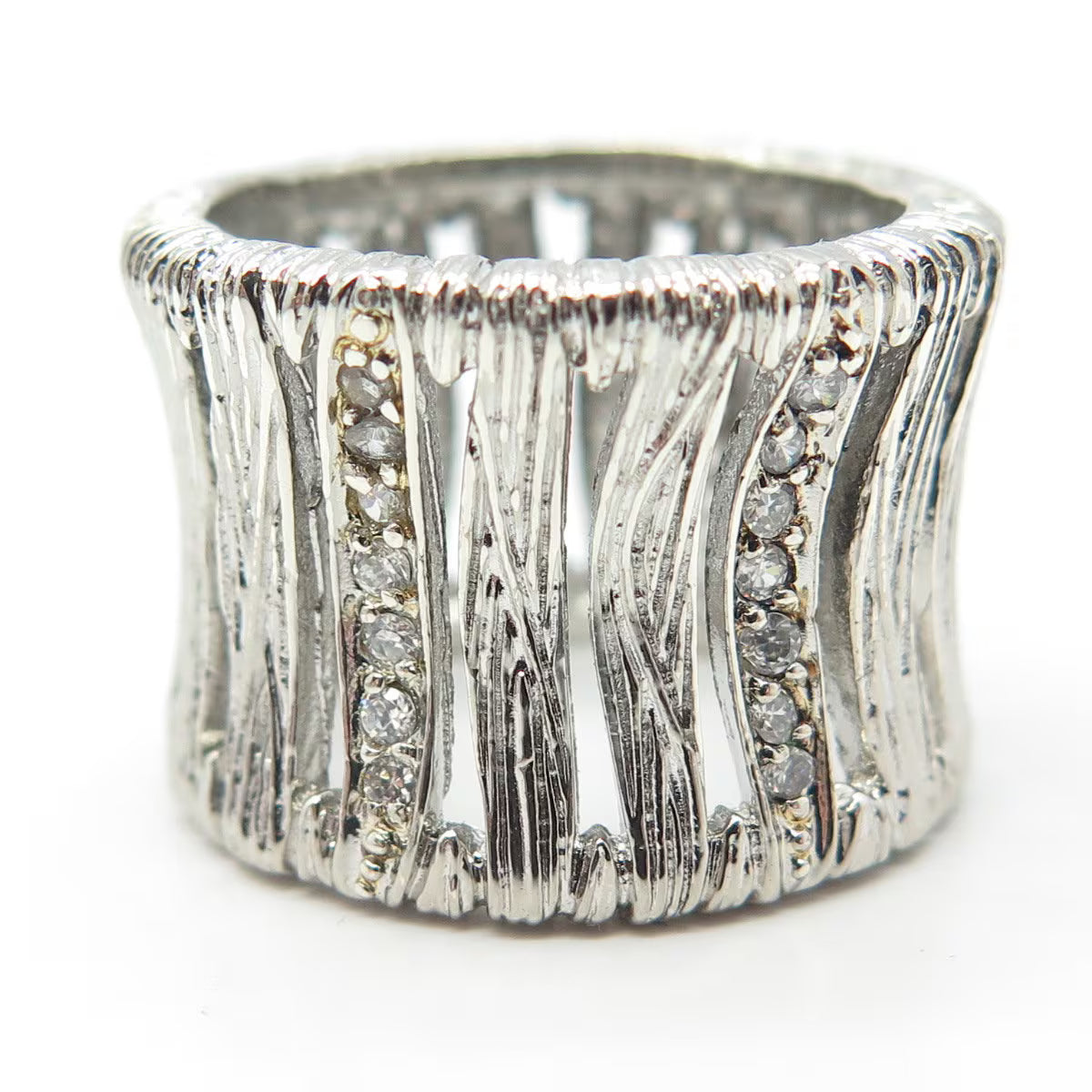 925 Sterling Silver Vintage C Z Wide Band Ring Size 7.25