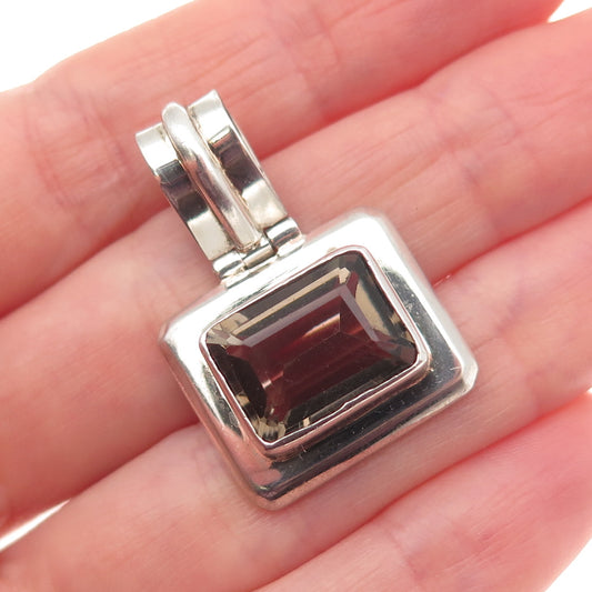 925 Sterling Silver Vintage Real Emerald-Cut Smoky Quartz Charm Pendant