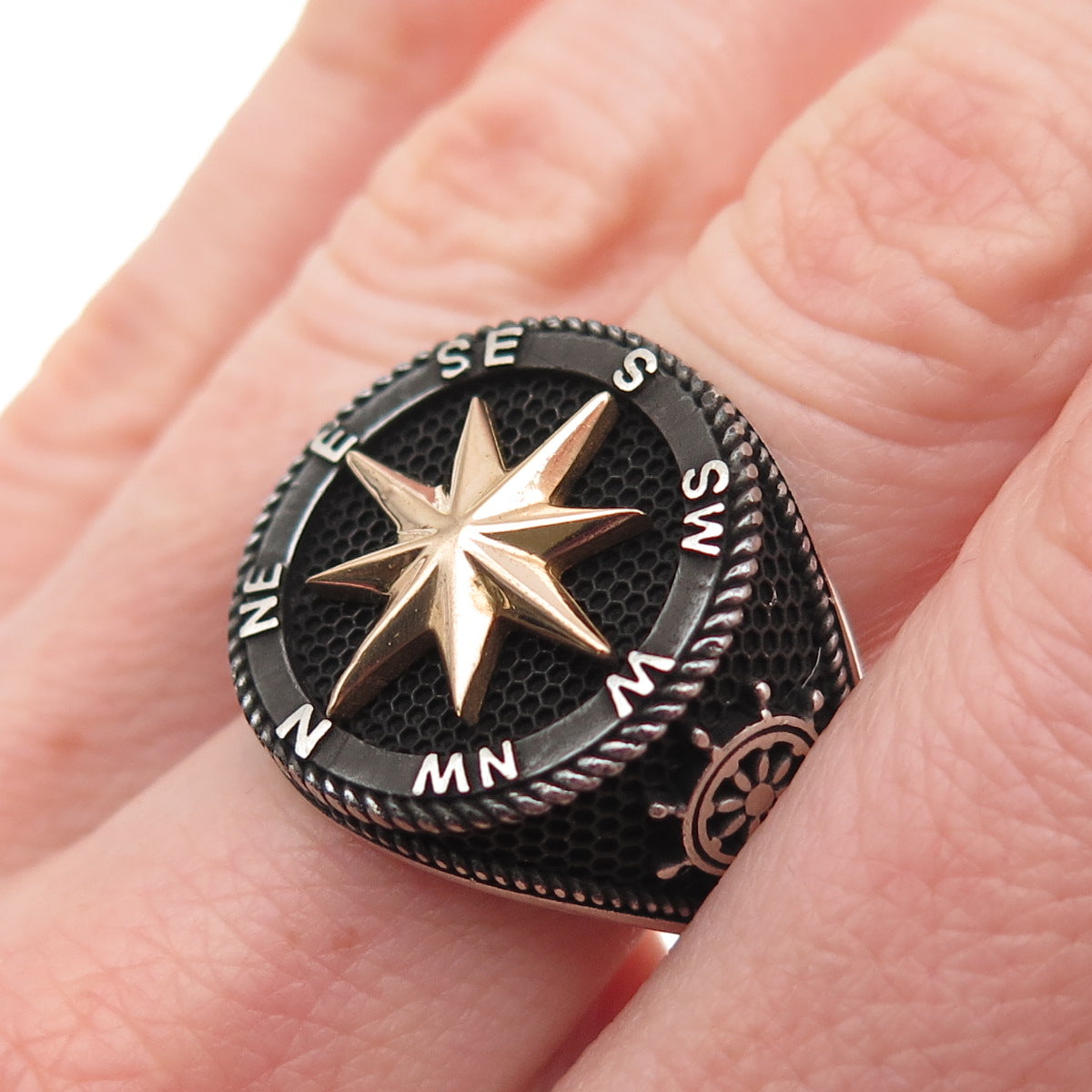 Petek 925 Sterling Silver 2-Tone Vintage Compass Oxidized Signet Ring Size 10
