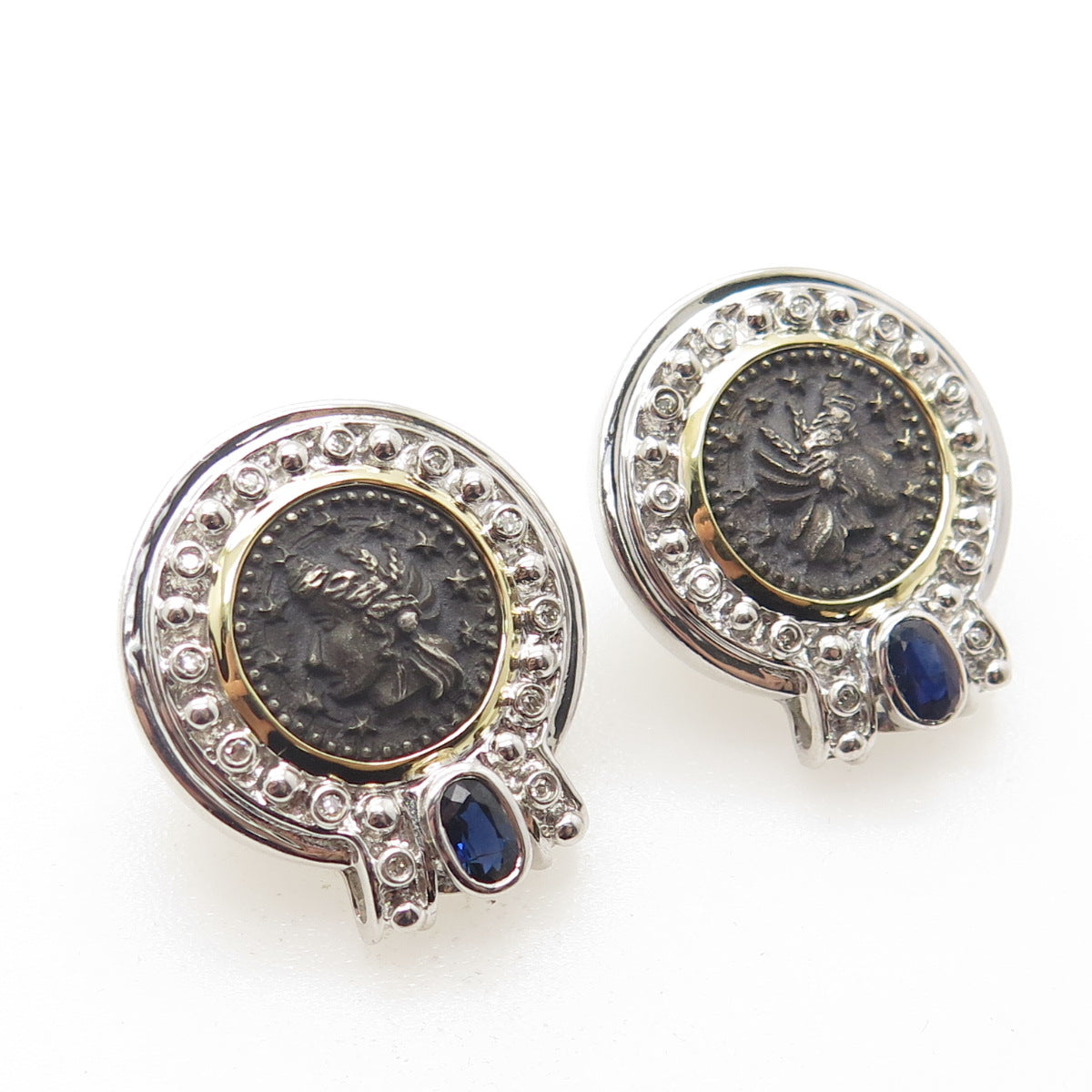 925 Sterling Silver 2-Tone Real Diamond & Sapphire Macedonian Cameo Earrings