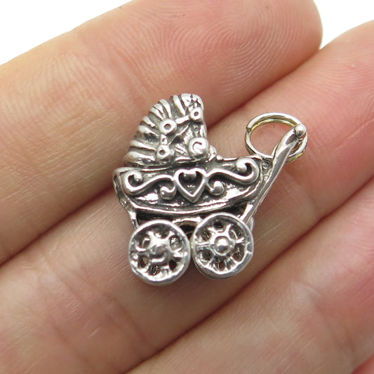 SUNRISE 925 Sterling Silver Vintage Baby Stroller Oxidized 3D Charm Mini Pendant