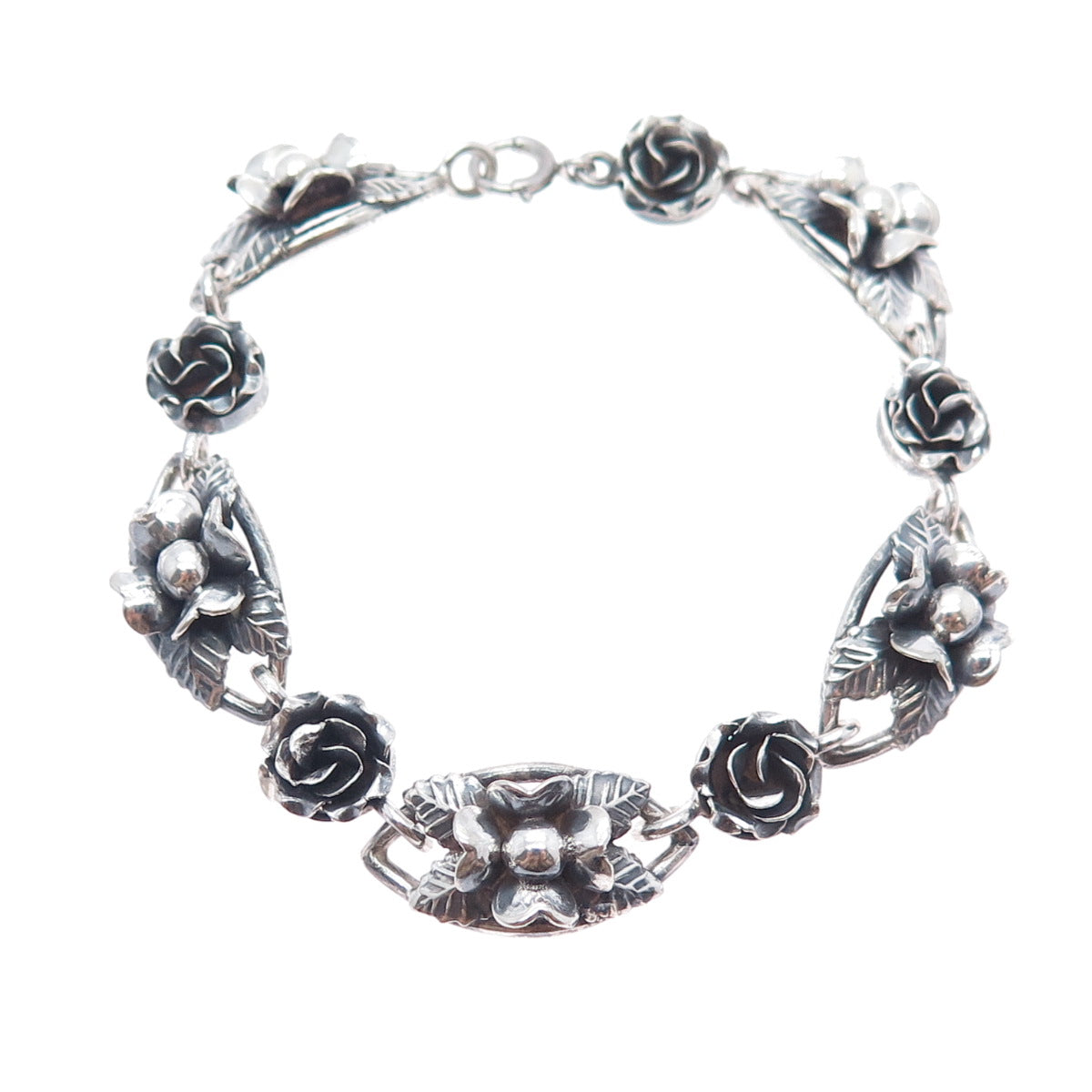 800 Silver Antique Art Deco Clover Flower Oxidized Link Bracelet 7.25"