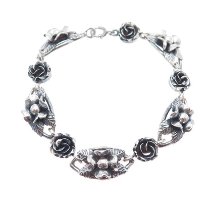 800 Silver Antique Art Deco Clover Flower Oxidized Link Bracelet 7.25"
