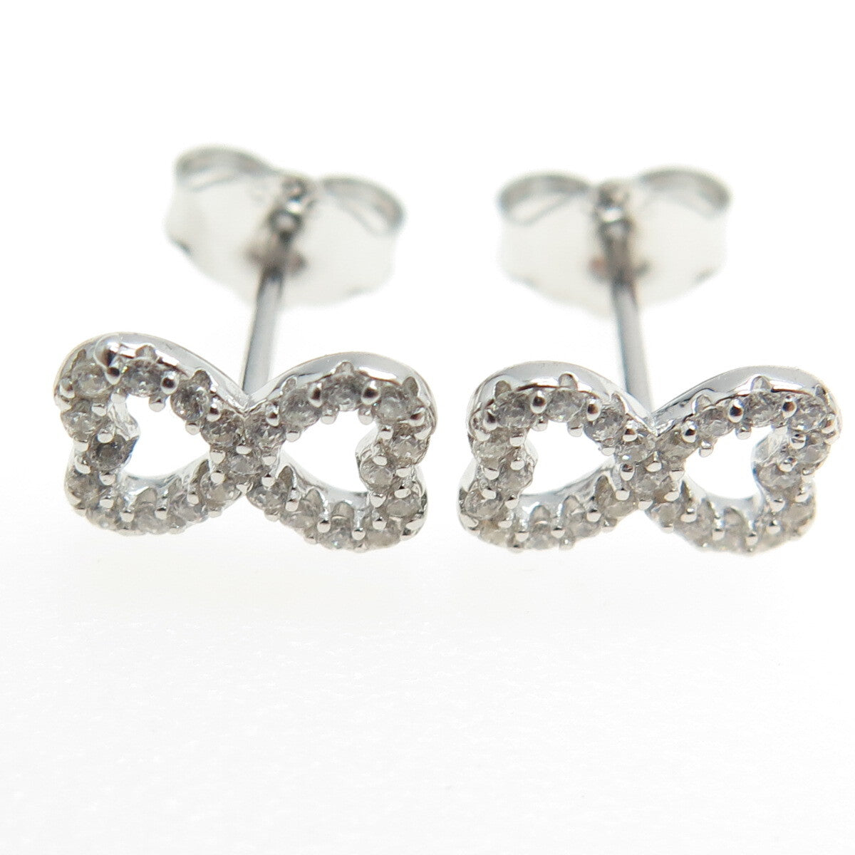 925 Sterling Silver Round-Cut C Z Bow Tie Heart Stud Earrings