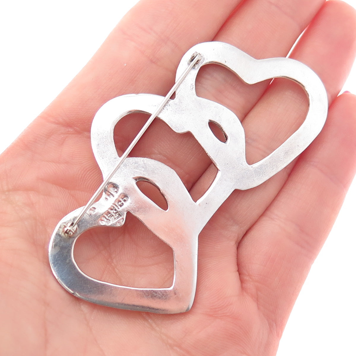 925 Sterling Silver Vintage Mexico Triple Interlocked Heart Pin Brooch