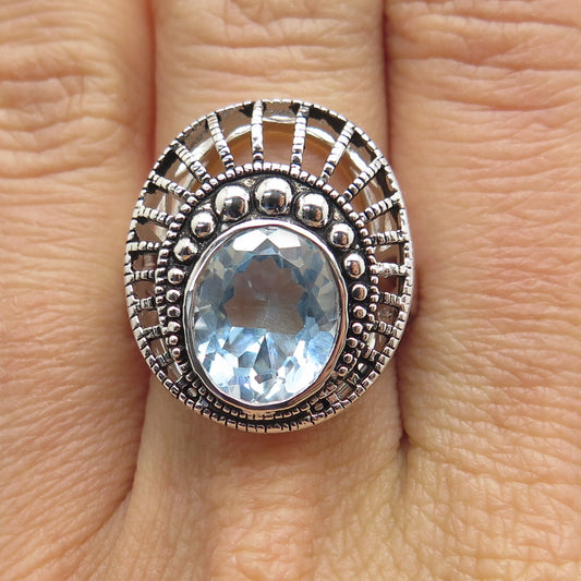 925 Sterling Silver Real Oval-Cut Blue Topaz Sunrise Oxidized Ring Size 7