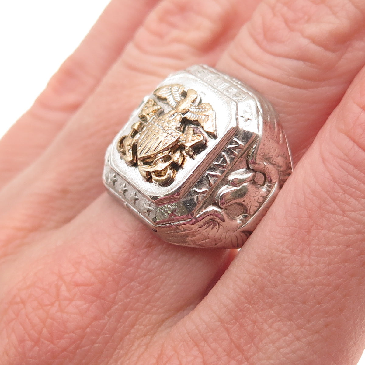 925 Sterling Silver 2-Tone Antique WWII US Navy Eagle Oxidized Ring Size 8.75