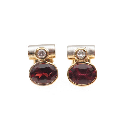 925 Sterling Silver 2-Tone Vintage Real Red Garnet & C Z Modernist Stud Earrings
