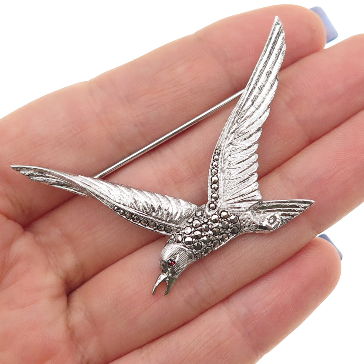 925 Sterling Silver Antique Art Deco Real Garnet & Marcasite Seagull Pin Brooch
