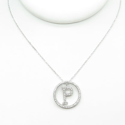 925 Sterling Silver Round-Cut C Z Letter "P" Initial Cable Chain Necklace 16-18"