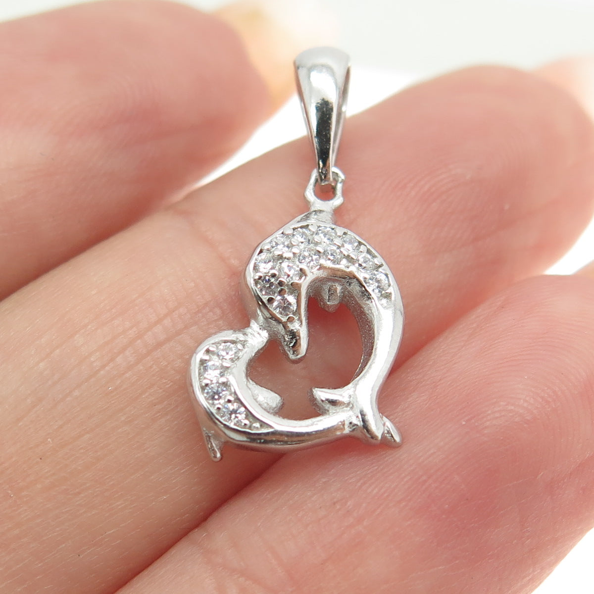 925 Sterling Silver Round-Cut Shaped C Z Couple of Dolphins Heart Pendant