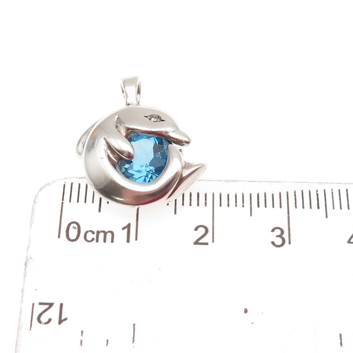 Gorham 925 Sterling Vintage Real Diamond Swiss Blue Topaz Dolphin Mini Pendant
