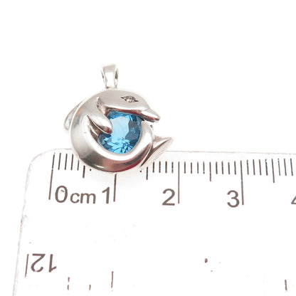 Gorham 925 Sterling Vintage Real Diamond Swiss Blue Topaz Dolphin Mini Pendant