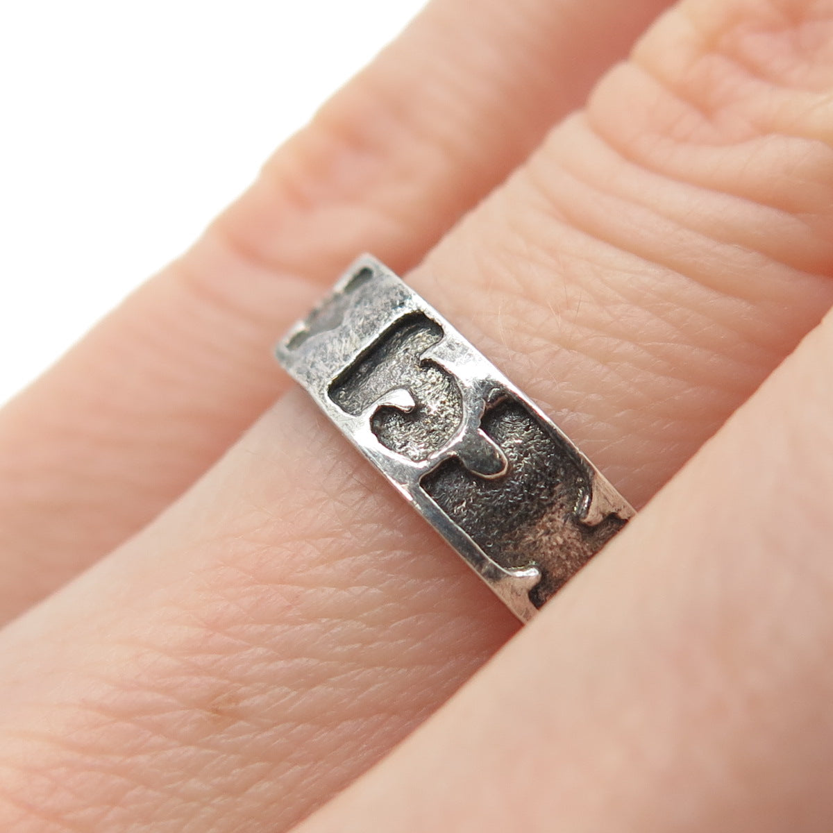 925 Sterling Silver Vintage Runic Symbols Oxidized Adjustable Band Ring Size 6
