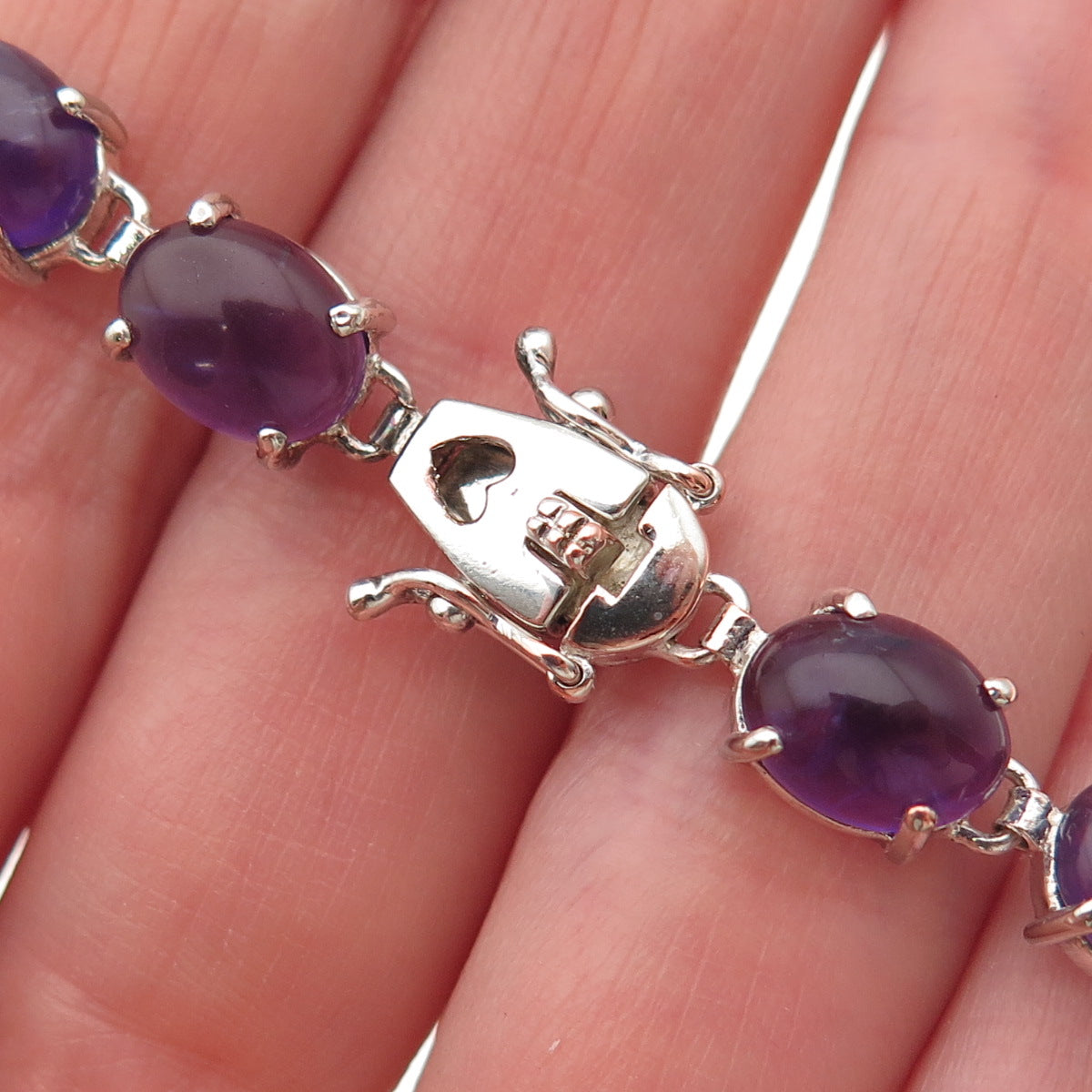 925 Sterling Silver Vintage Real Cabochon Amethyst Link Bracelet 7.5"