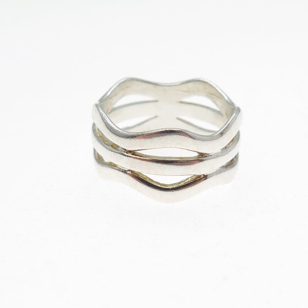 925 Sterling Silver Vintage Modernist 3-Row Wavy Band Ring Size 7.25
