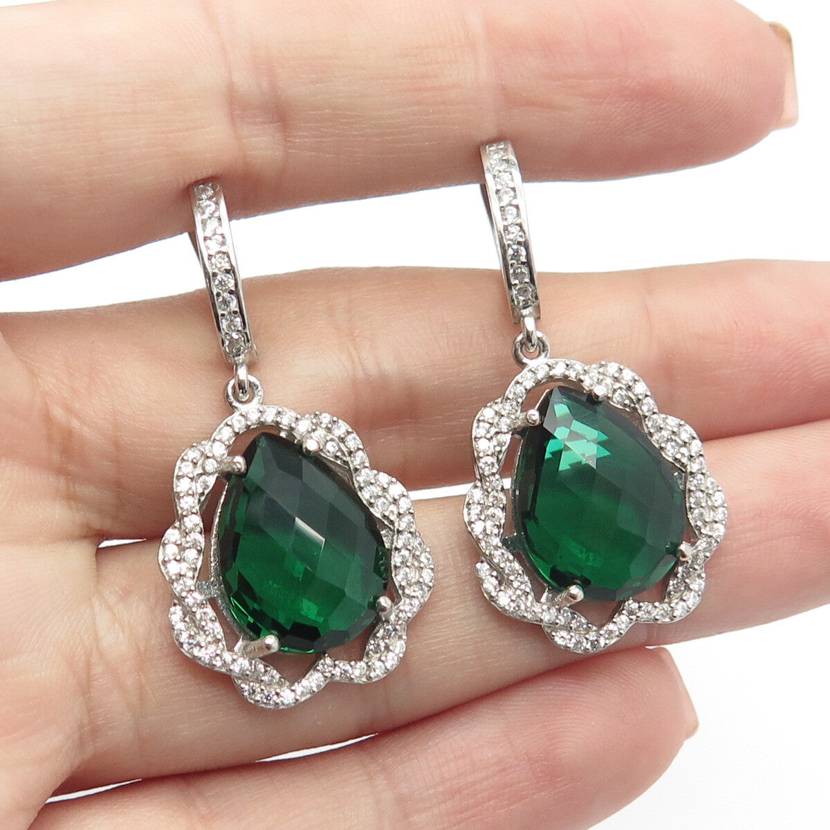 925 Sterling Silver White & Green C Z Dangling Earrings