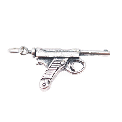 925 Sterling Silver Vintage Luger Pistol Oxidized Charm Pendant