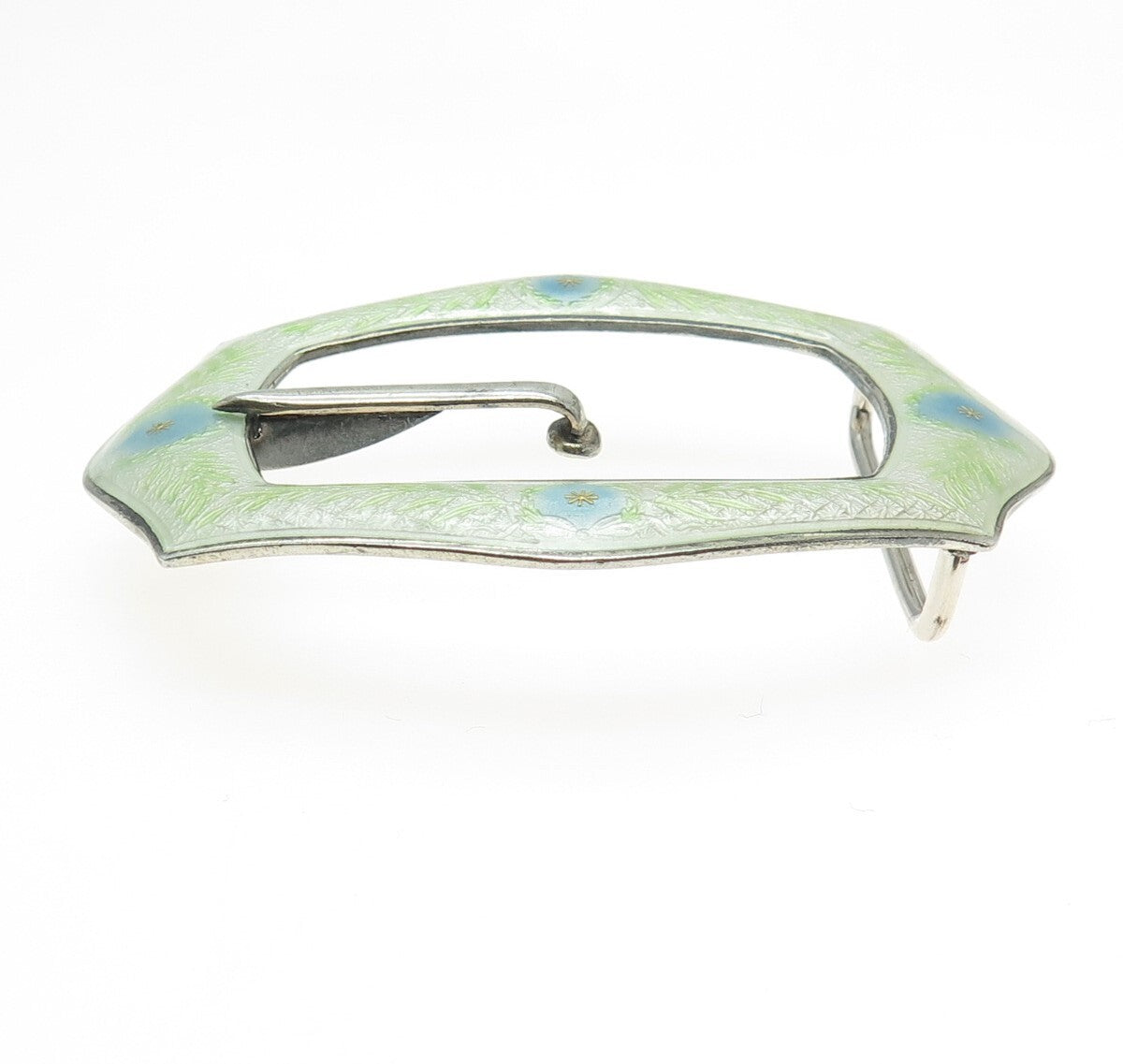 925 Sterling Silver Antique Art Deco Guilloche Enamel Flower Belt Buckle