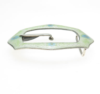 925 Sterling Silver Antique Art Deco Guilloche Enamel Flower Belt Buckle
