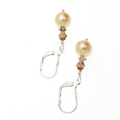925 Sterling Silver Vintage Real Smoky Quartz & Faux Pearl Dangle Earrings