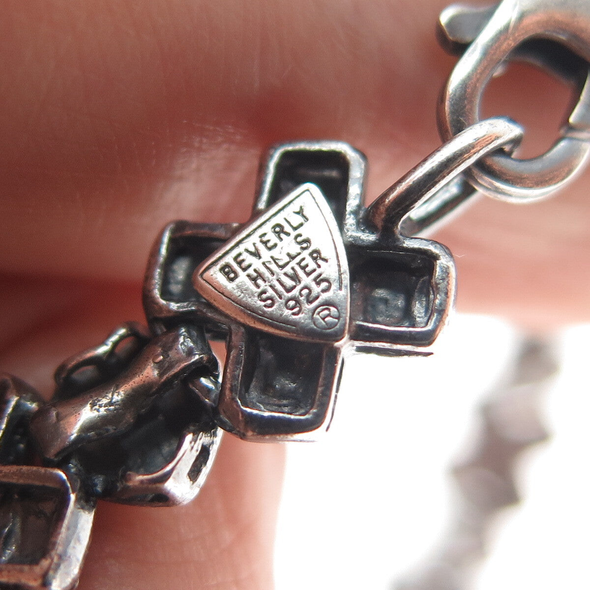 BEVERLY HILLS 925 Sterling Silver Vintage Diamond-Cut Heart Oxidized Bracelet 7"