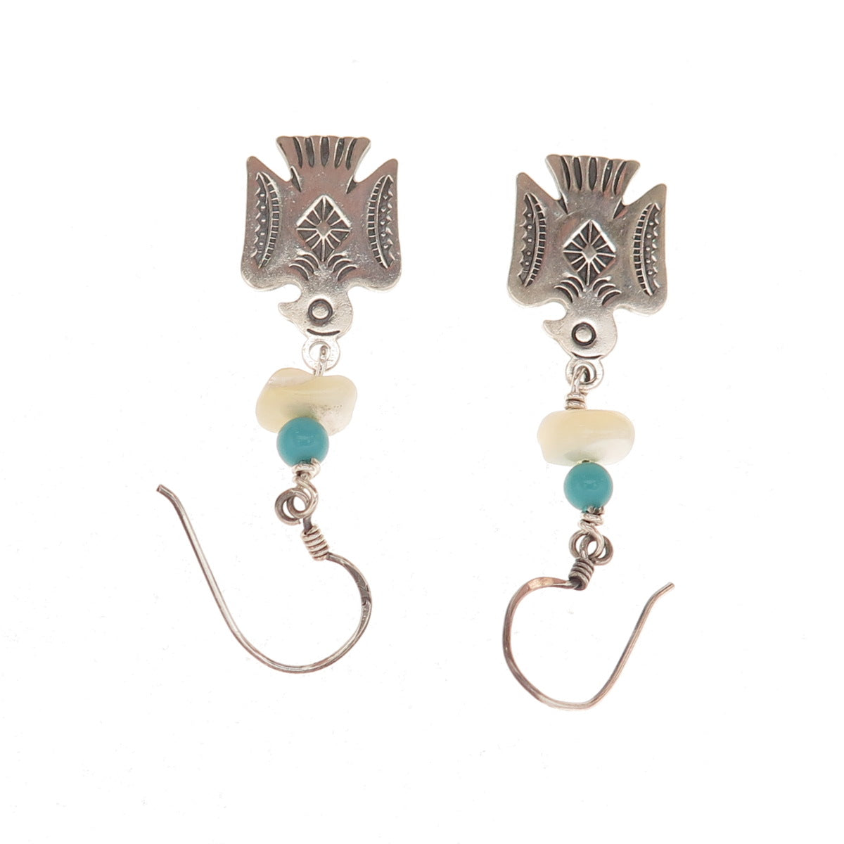 Old Pawn 925 Sterling Silver Vintage Turquoise & MOP Thunderbird Dangle Earrings
