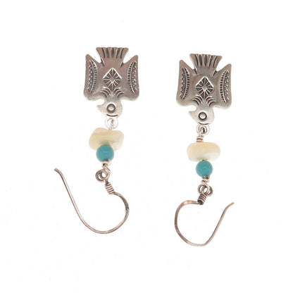 Old Pawn 925 Sterling Silver Vintage Turquoise & MOP Thunderbird Dangle Earrings