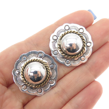 925 Sterling Silver 2-Tone Vintage Modernist Dome Disc Oxidized Earrings