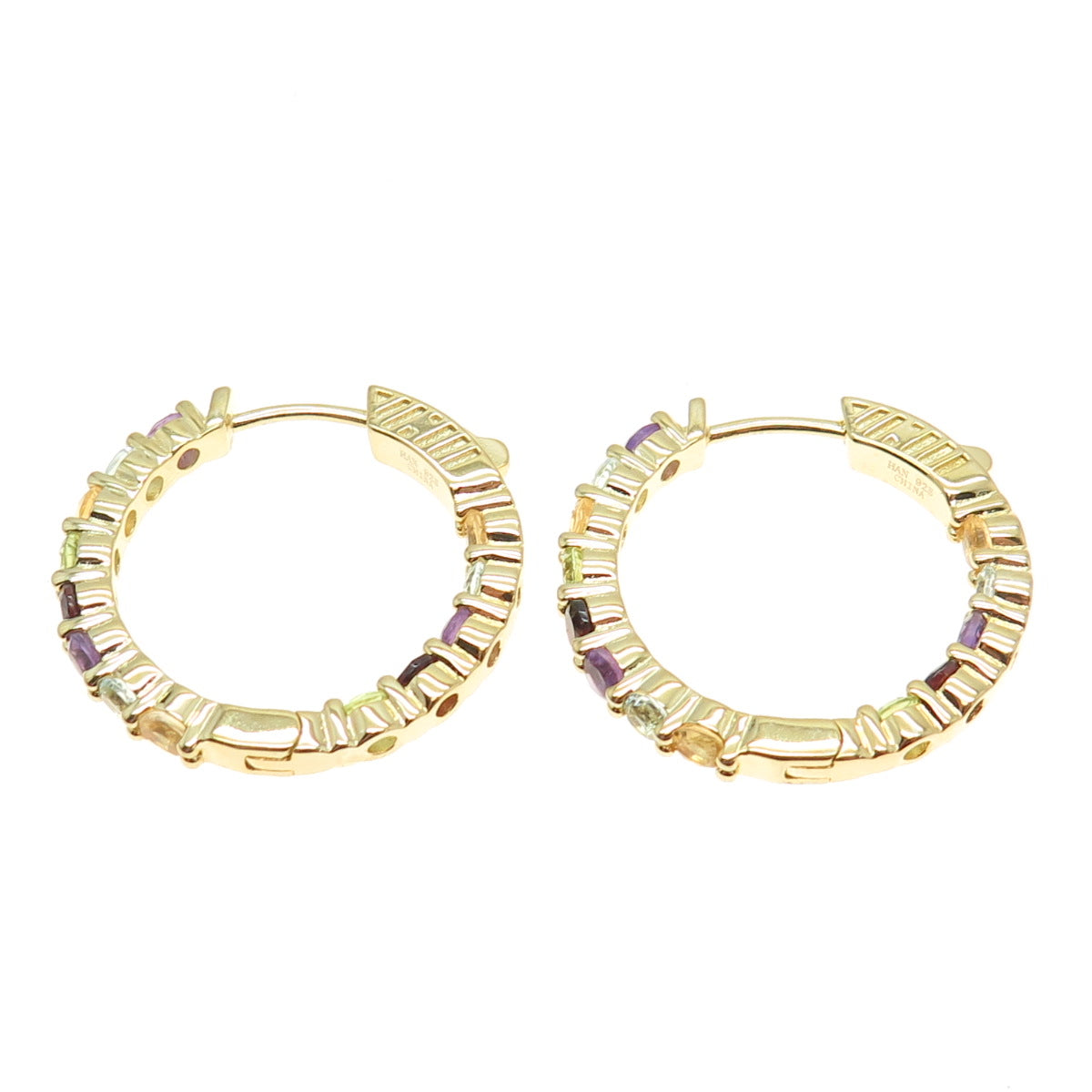 HAN 925 Sterling Silver Gold Plated Real Multi-Color Gem In & Out Hoop Earrings